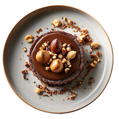 Top view of hazelnut and chocolate tart on white crockery Michelin star dessert plating isolated on a white transparent background