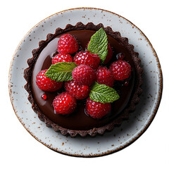 Top view of chocolate tart with raspberries on white crockery Michelin star dessert plating isolated on a white transparent background