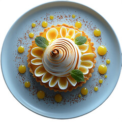 Top view of lemon curd and meringue tart on white crockery Michelin star dessert plating isolated on a white transparent background