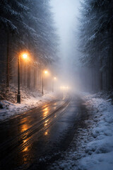 Obraz premium Winter Foggy Road at Dawn with Street LightsSnow Covered Road in Dense Fog with Atmospheric LightingCinematic Misty Winter Road Scene with Glowing Lights