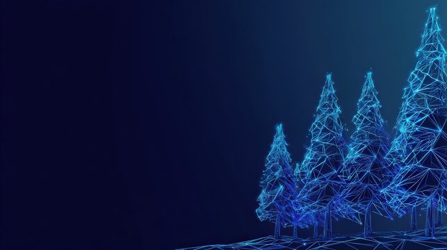 A futuristic artistic rendering of pine trees with interconnected lines against a blue backdrop. ..Created with Generative AI, not depicting real subjects.