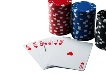 Hyper-realistic macro flat lay of a royal flush of hearts and tall stacks of red, blue, and black casino chips on a transparent background with sharp shadows. Concept of high stakes casino victory