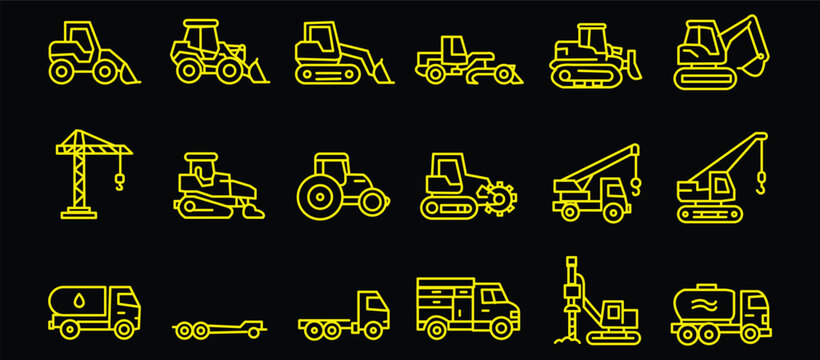 Construction vehicle line icon set. Vector pictograms of bulldozer, loader, grader, paver, roller, lowboy hauler, utility, concrete mixer, thin linear illustration.