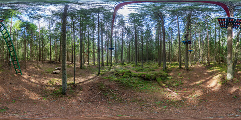 MINSK, BELARUS - 2021: full spherical hdri panorama 360 degrees angle view in jungle park in the children's entertainment center in pinery forest in equirectangular projection. VR content