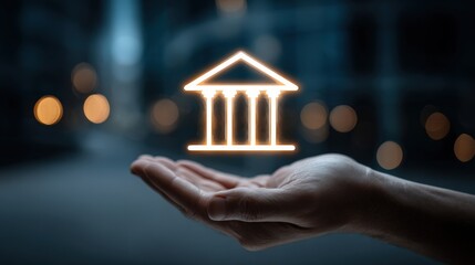 A human hand cradles an illuminated building icon, symbolizing financial security, institution or architectural concept. ..Created with Generative AI, not depicting real subjects.