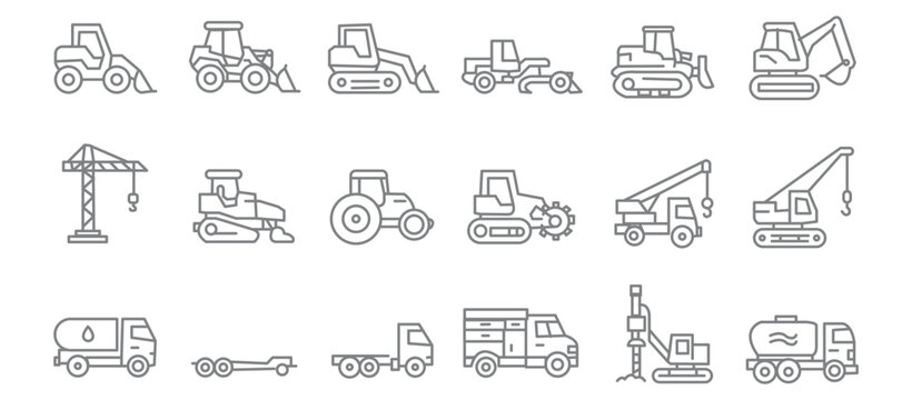 Construction vehicle line icon set. Vector pictograms of bulldozer, loader, grader, paver, roller, lowboy hauler, utility, concrete mixer, thin linear illustration.