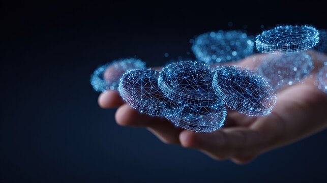 A digital hand cradles a constellation of luminescent coins. A technological masterpiece.  ..Created with Generative AI, not depicting real subjects.