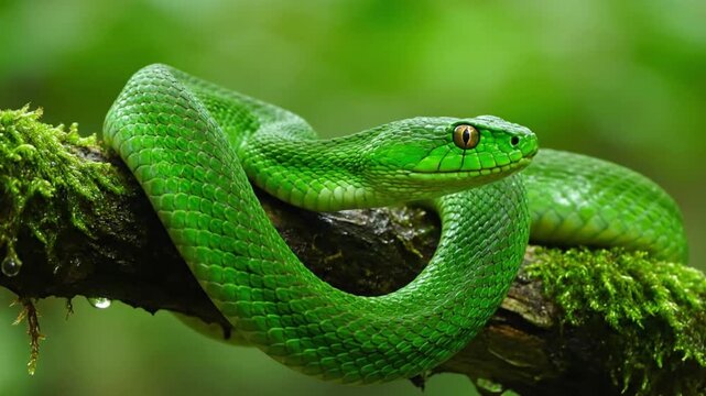 Vibrant green snake coiled on a mossy branch in a lush jungle