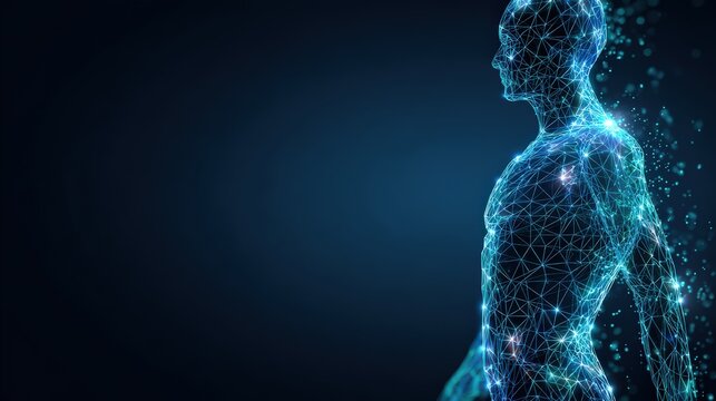 A visionary illustration of the human form, rendered in luminous, interconnected digital lines, against a deep backdrop. ..Created with Generative AI, not depicting real subjects.