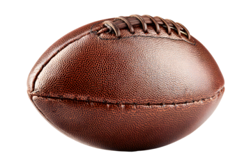 Close up dark brown leather rugby ball isolated on cut out PNG or transparent background. Rugby football Play on large stadium lawn. Sport that originated from school. Rugby union is popular sport. 