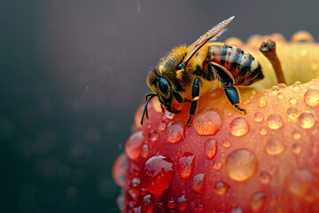 Closeup of a bee on a dewy red fruit with water droplets