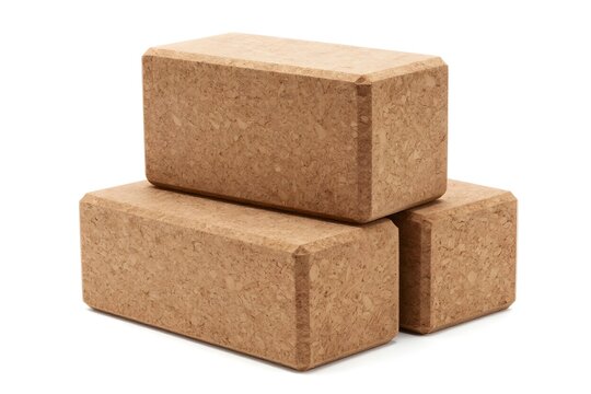Stack of natural cork yoga blocks for exercise and meditation on isolated background