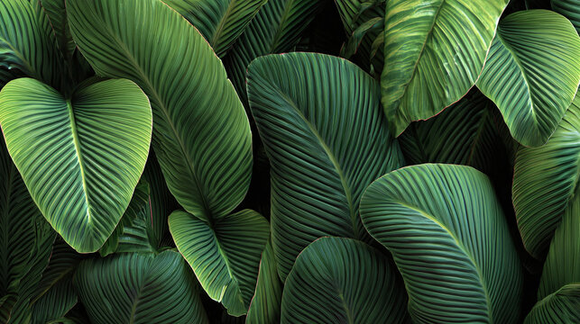 Vibrant green leaves, showcasing nature's intricate textures and patterns