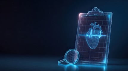A futuristic medical diagnosis of heart health, using digital technologies to visualize and analyze the inner workings of the human heart. ..Created with Generative AI, not depicting real subjects.