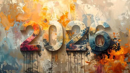Colorful artistic 2026 typography with paint splashes, expressing creativity, energy, and a bold New Year vision.