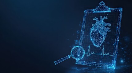 A digital medical analysis: A futuristic scene reveals a glowing digital human heart. ..Created with Generative AI, not depicting real subjects.