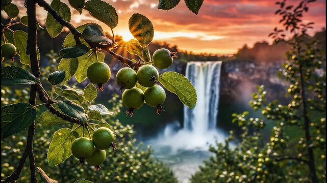 Small green wild apples growing on tree branches, rustic harvest mood