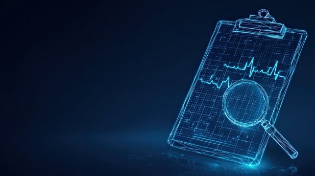 A futuristic representation of data analysis, depicted as a glowing digital outline of a clipboard with a magnified analysis. ..Created with Generative AI, not depicting real subjects.