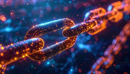 A glowing chain link connection in a futuristic digital environment, viewed closely.