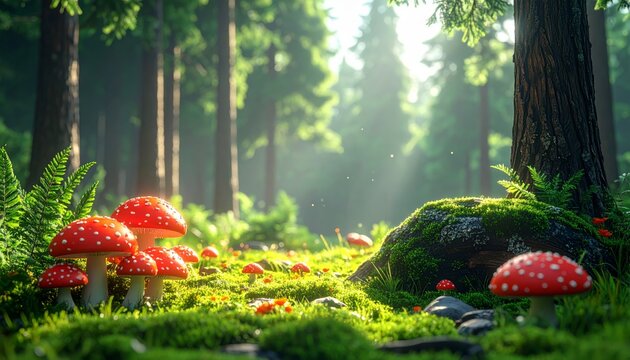 Cartoon Pine Forest Clearing with Red Mushrooms and Mossy Fallen Log