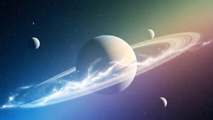 Vast ringed planet in deep space, surrounded by moons and cosmic dust, with nebulae glowing in vibrant colors