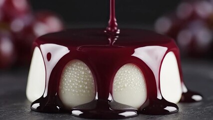 Delicious white panna cotta dessert being elegantly drizzled with a rich dark red berry or grape sauce creating a visually appealing and indulgent culinary experience perfect for gourmet food present.