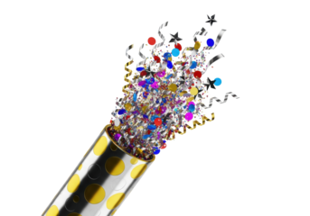 Highly detailed 3d render of a metallic gold and silver polka-dotted party popper exploding on a transparent background with a dense freeze-frame burst of colorful, reflective confetti.
