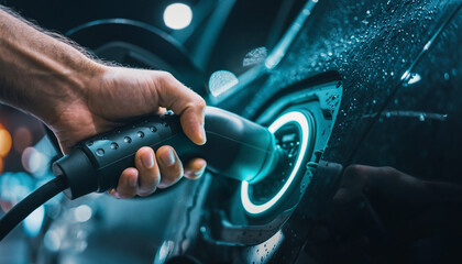 Hand plugging charging cable into electric vehicle socket at night close up