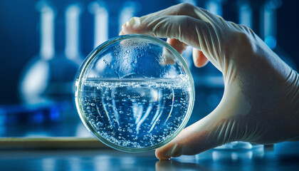 Scientist Hand Holding Vial with Active Hydrogen Generation in Blue Light