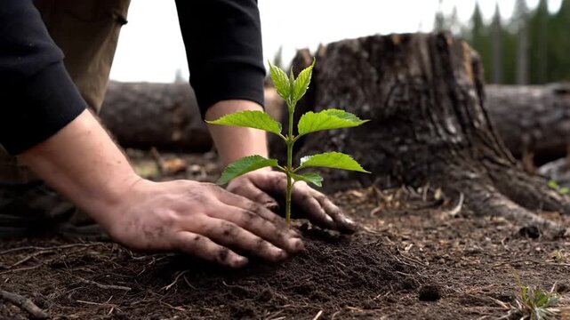 cinematic environmental footage close up planting sapling by human hands in damaged forest landscape deforestation scene only torso legs and hands visible dry soil tree stumps fallen logs muted natura