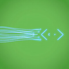 Abstract data transmission concept with blue glowing circuit lines and digital arrow symbol on solid green background
