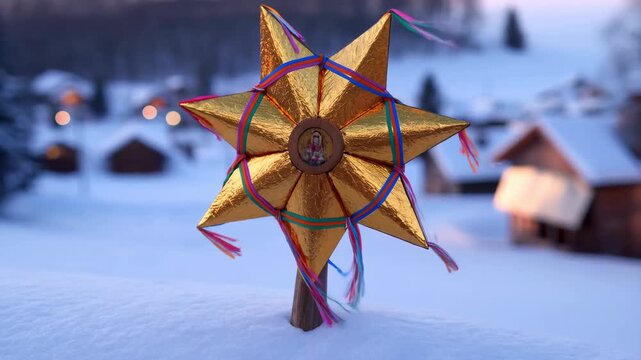 Golden Star Decoration with Religious Icon Stands in Snowy Village Landscape at Dusk Traditional Christmas Symbol
