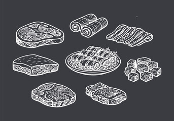 Hand-drawn Collection of Various Meat Cuts and Preparations