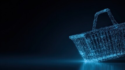 A futuristic depiction of a shopping basket. A 3D render, composed of blue digital lines on a dark background. ..Created with Generative AI, not depicting real subjects.