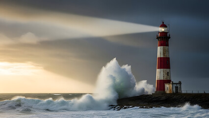 A dramatic coastal scene featuring a red and white lighthouse standing on rocky shores as powerful ocean waves crash against the coast. Dark storm clouds and dynamic sea spray create a moody atmospher