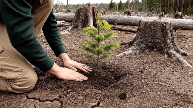 documentary cinematic footage of reforestation effort person planting young sapling in deforested forest area hands legs torso visible face not shown dry soil tree stumps logs barren ground muted natu