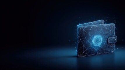 An illuminated digital wallet made of geometric lines floats against a dark background, representing digital finance. ..Created with Generative AI, not depicting real subjects.