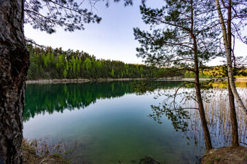 Obraz premium Forest edge with a view of a quarry lake surrounded by forest. Landscape with a clear lake on the site of an old stone quarry.
