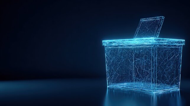 A transparent ballot box with an open lid, constructed from a network of glowing lines, symbolizing the essence of digital voting. ..Created with Generative AI, not depicting real subjects.