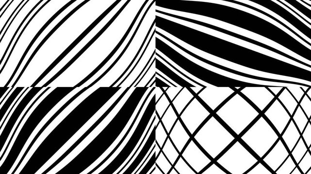 Four squares with black and white abstract line patterns, ideal for geometric backgrounds, modern designs, and minimalist themes in various projects.