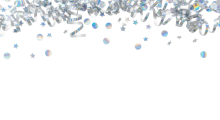 iridescent silver holographic serpentine streamers and geometric confetti falling on a transparent high-key studio background with copy space. hyper-photorealistic macro focus. festive celebration