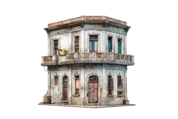 Weathered two-story corner building with balcony, isolated