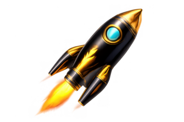 Golden black rocket launching, representing startup success, growth, ambition, and innovation on transparent background