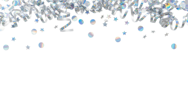 iridescent silver holographic serpentine streamers and geometric confetti falling on a transparent high-key studio background with copy space. hyper-photorealistic macro focus. festive celebration - Powered by Adobe