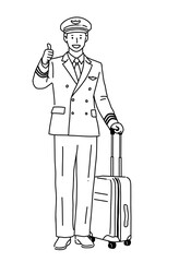 サムズアップするパイロットの線画イラスト　 全身