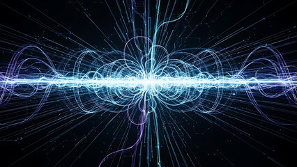 Abstract digital light flow creating an intricate energetic pattern in a futuristic high-tech visualization, symbolizing data streams and cosmic energy fields