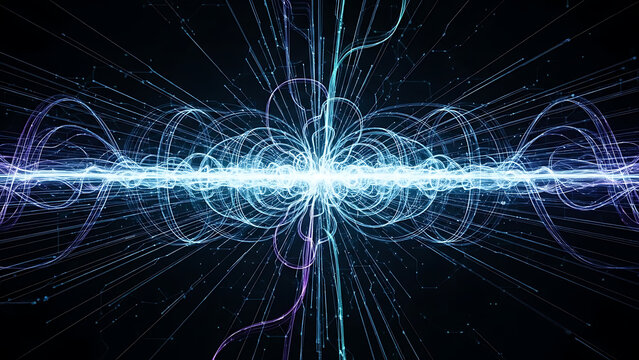 Abstract digital light flow creating an intricate energetic pattern in a futuristic high-tech visualization, symbolizing data streams and cosmic energy fields - Powered by Adobe