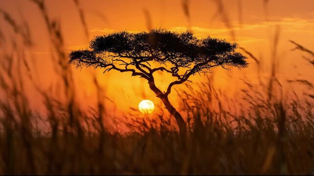 Silhouette of solitary Acacia tree on African savannah against vibrant orange sunset sky
