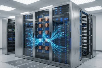 Modern Server Room Interior with Transparent Racks Revealing Glowing Data Streams and Hardware