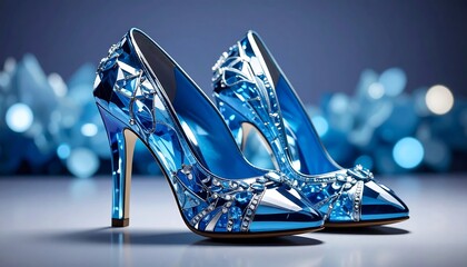 Two high-heeled shoes, radiant blue, sparkling with gems and intricate, elegant embellishments, shimmering in a soft, diffused light, perfect for a special occasion